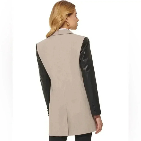 NEW- NWT! DKNY Mixed Media Faux Leather Sleeve Longline Jacket - Picture 2 of 7